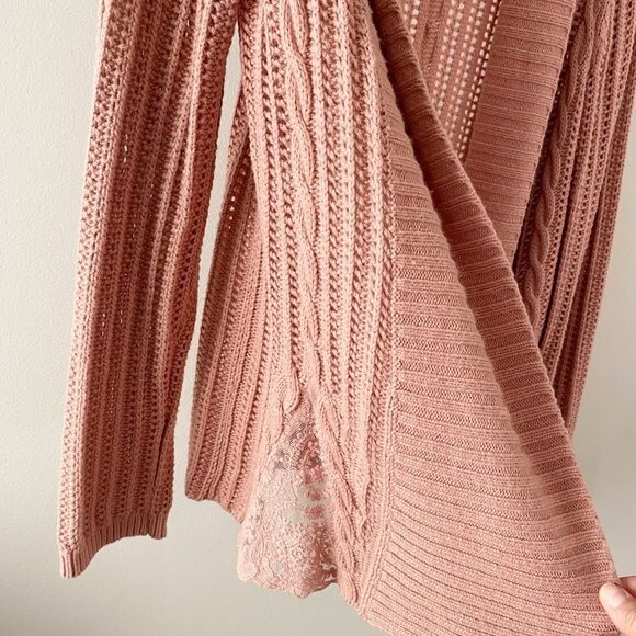 Garnet Hill Dusty Pink Knit Open Front Cardigan with Lace Panels Cashmere Blend - Picture 3 of 14